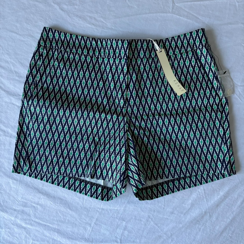 NWT Kenar Womens Navy Blue Green Geometric Ikat Print Summer Chino Shorts Size 6